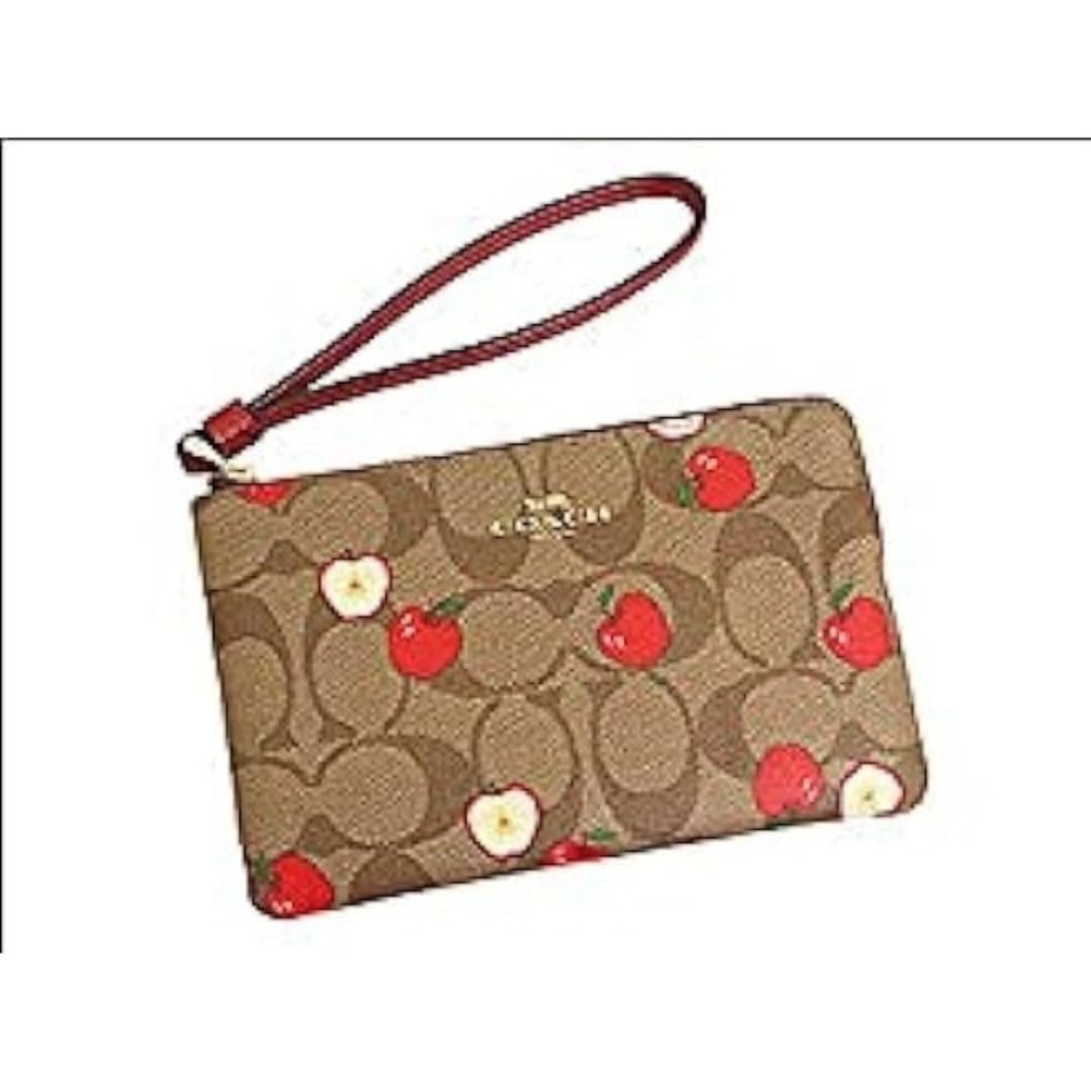 COACH Corner Zip Wristlet In Signature Canvas With Apple Print NWT